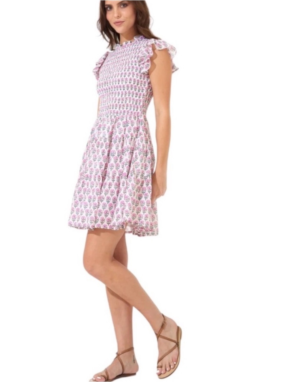 Oliphant Smocked Flirty Short Dress with delicate pink block print